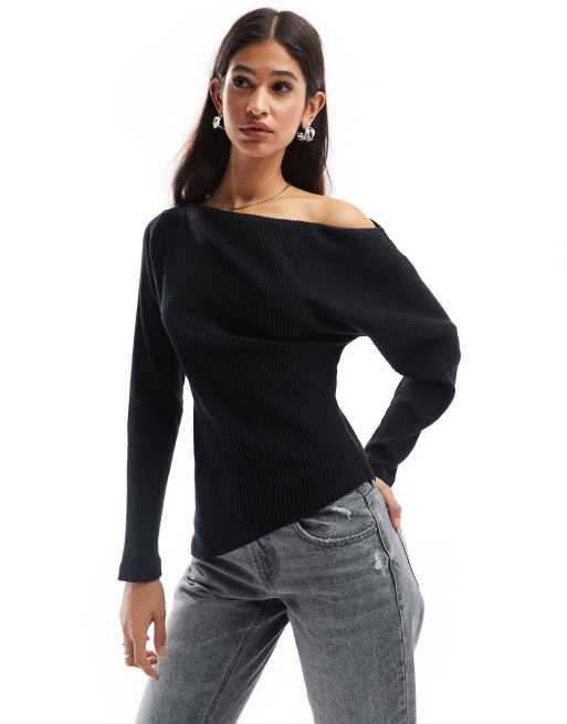 ASOS DESIGN supersoft ribbed one shoulder long sleeve top in black