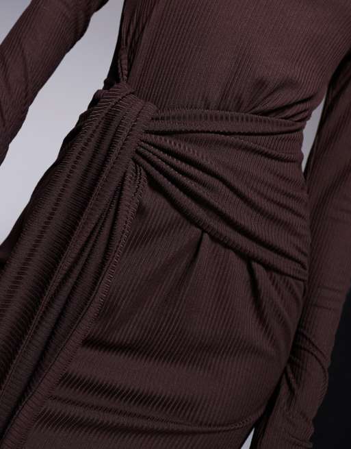 rib tie dress Women's Black Heavy Brushed Rib Wrap Tie Maxi Dress