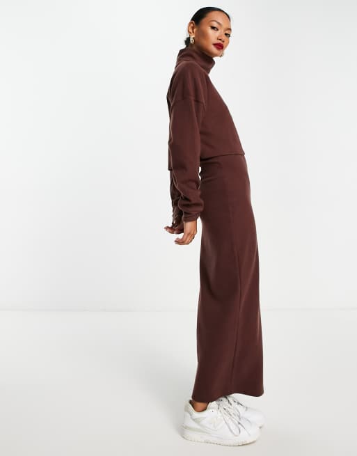 ASOS DESIGN supersoft roll neck 2 in 1 overlayer midi jumper dress in chocolate - BROWN