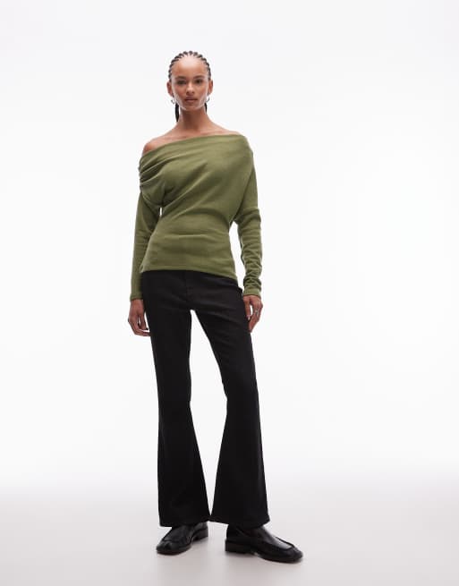 ASOS DESIGN supersoft ruched off shoulder long sleeve top in khaki, 2 of 4