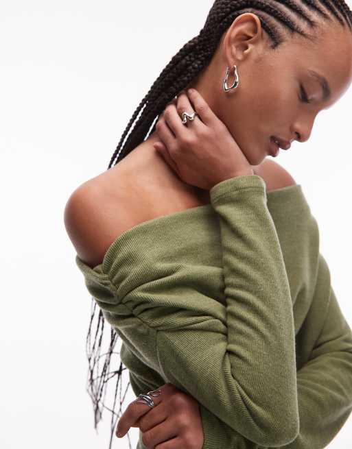 ASOS DESIGN supersoft ruched off shoulder long sleeve top in khaki, 3 of 4