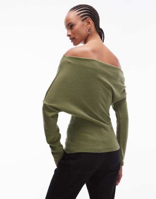 ASOS DESIGN supersoft ruched off shoulder long sleeve top in khaki, 4 of 4