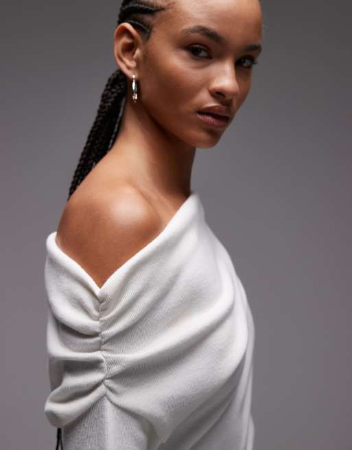ASOS DESIGN supersoft ruched off shoulder long sleeve top in winter white, 3 of 4