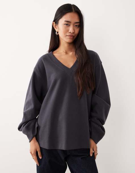 ASOS DESIGN Supersoft ruched sleeve v neck jumper in grey - GREY