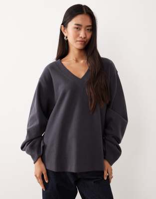 Asos Design Supersoft Ruched Sleeve V Neck Sweater In Gray