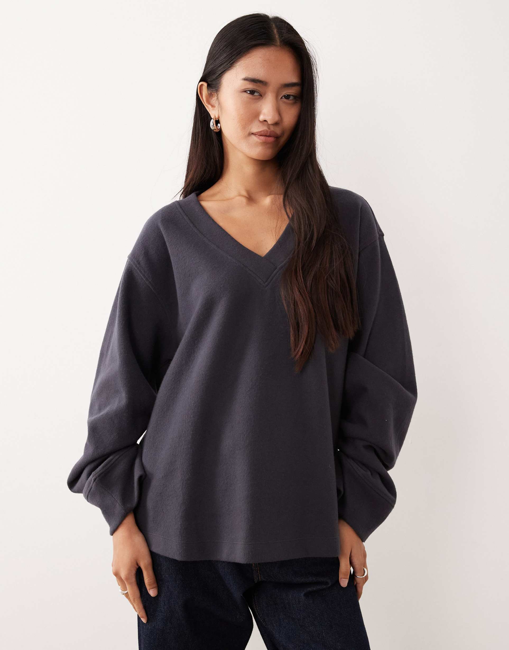 asos design supersoft ruched sleeve v neck sweater in gray