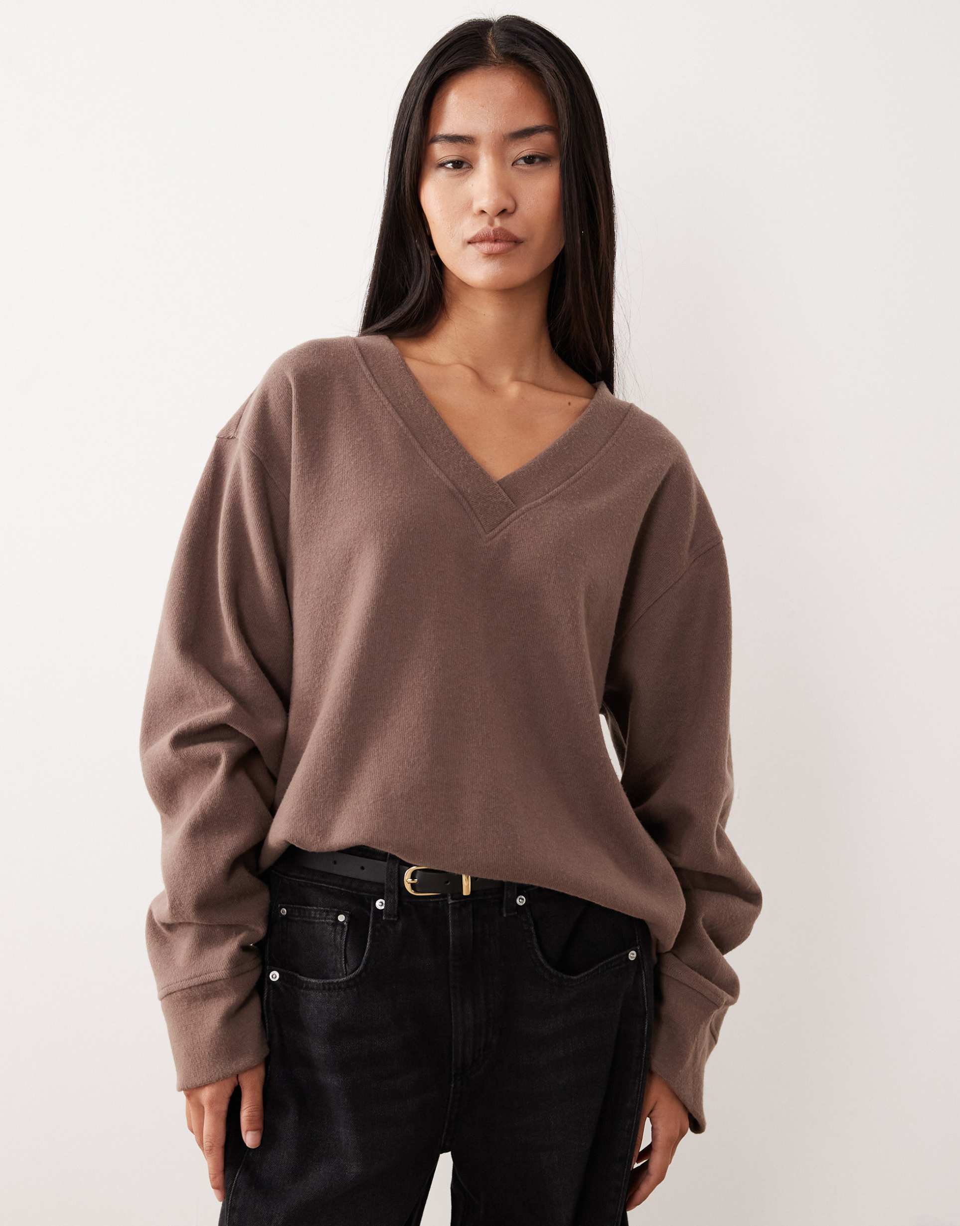asos design supersoft ruched sleeve v neck sweater in mocha