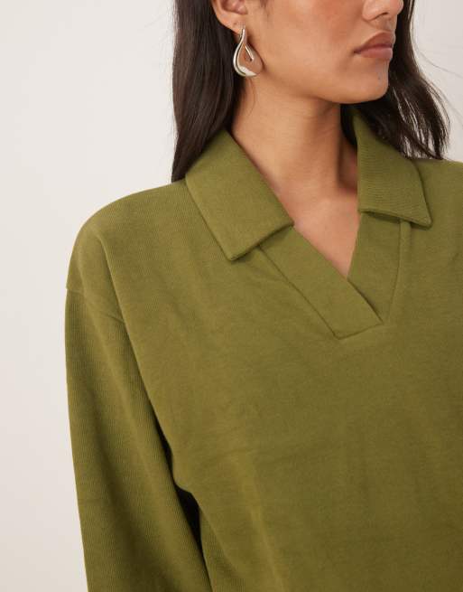 ASOS DESIGN supersoft rugby collar long sleeve tee in khaki, 2 of 4