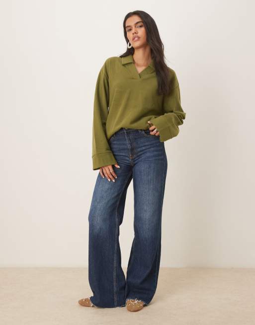 ASOS DESIGN supersoft rugby collar long sleeve tee in khaki, 3 of 4