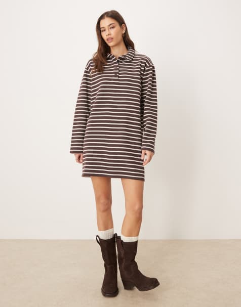 ASOS DESIGN supersoft rugby dress in brown stripe - view 1