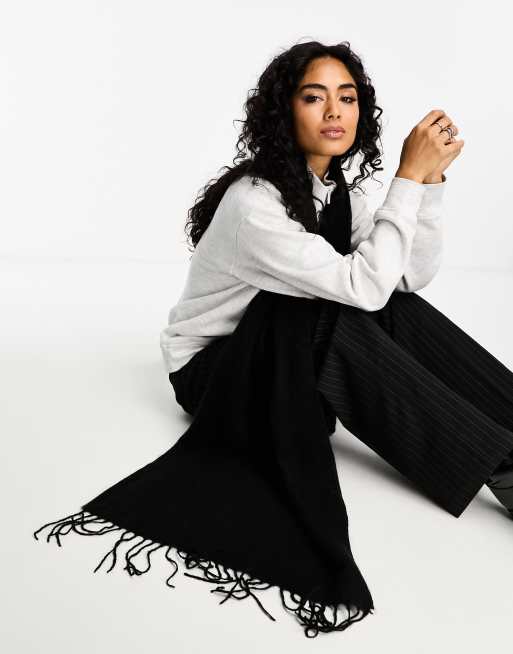 ASOS DESIGN supersoft scarf with tassels in black, 3 of 4