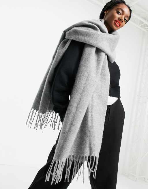 ASOS DESIGN oversized wool scarf with tassels in gray