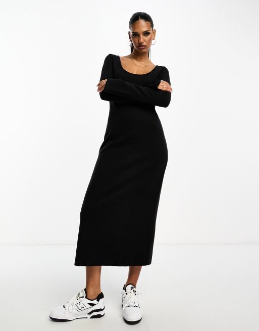 ASOS DESIGN linen scoop neck maxi sundress with split in black