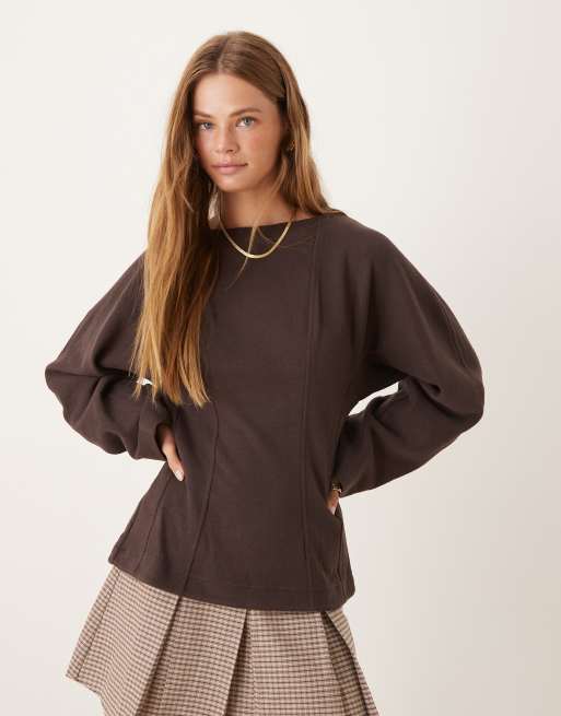 ASOS DESIGN Supersoft seam detail boat neck long sleeve top in mocha - BROWN