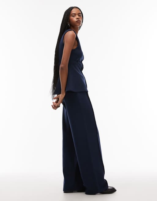 ASOS DESIGN supersoft seam detail wide leg pants in navy, 5 of 5