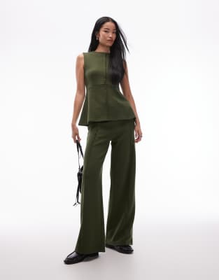 Asos Design Supersoft Seam Detailing Wide Leg Pants In Green