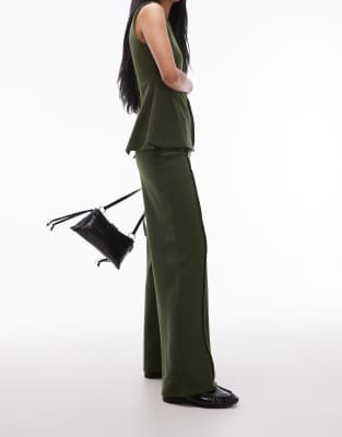 Asos Design Supersoft Seam Detailing Wide Leg Pants In Green