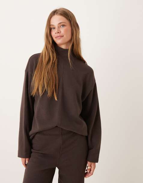 ASOS DESIGN Supersoft seam front longline roll neck top co-ord in chocolate - view 1