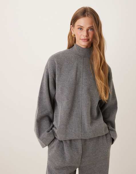 ASOS DESIGN supersoft seam front longline roll neck top in charcoal (part of a set) - view 1