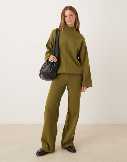 ASOS DESIGN supersoft seam front longline roll neck top in khaki (part of a set), 2 of 4