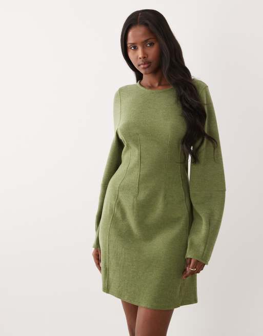 ASOS DESIGN supersoft seamed detail cocoon sleeve mini dress in dark green, 2 of 4
