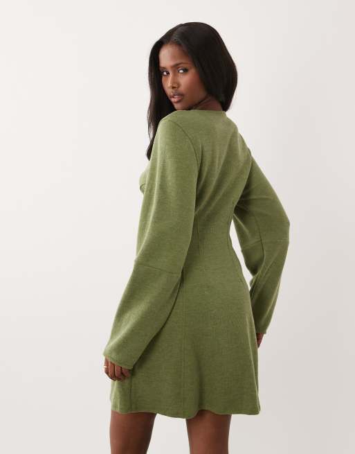ASOS DESIGN supersoft seamed detail cocoon sleeve mini dress in dark green, 4 of 4