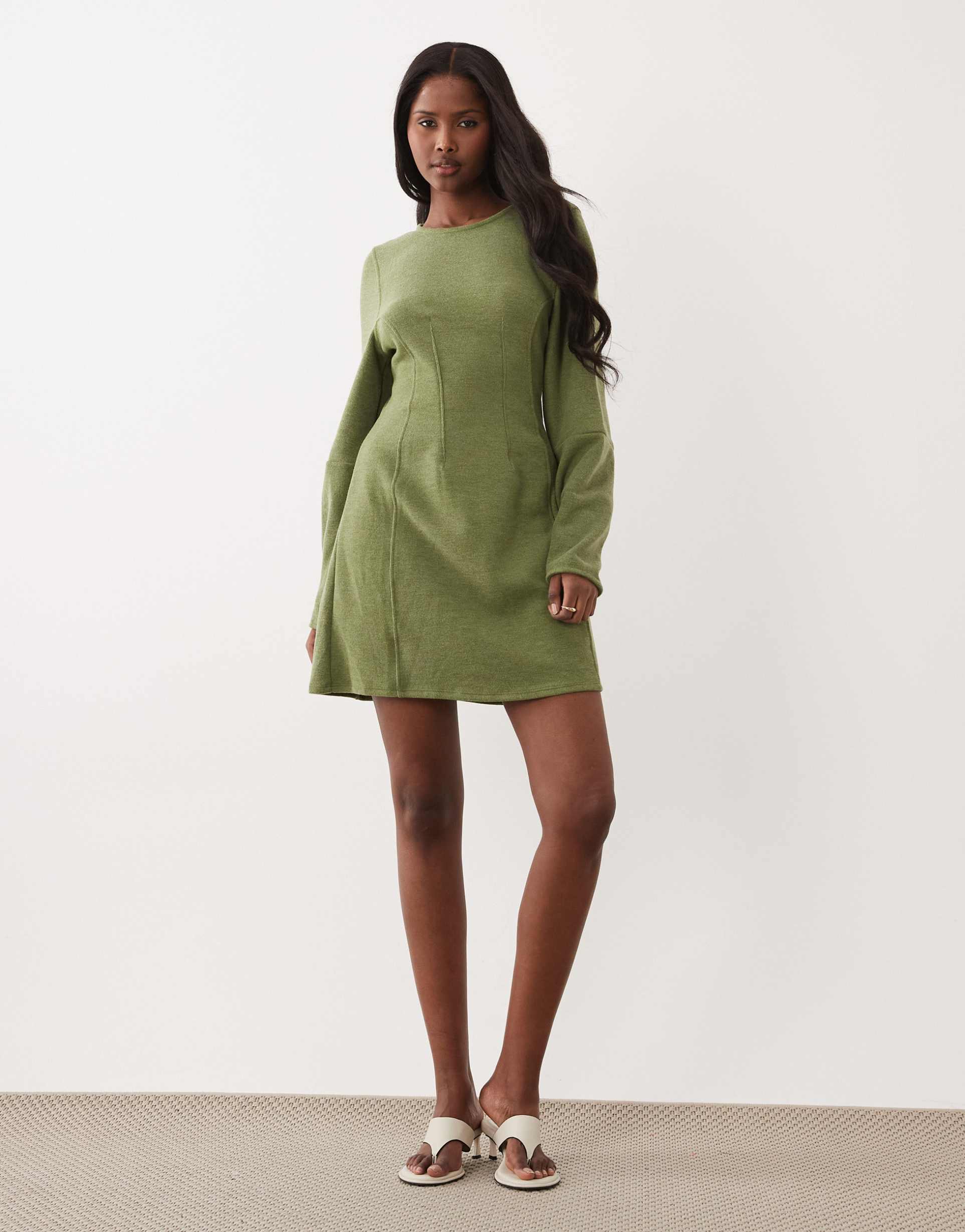asos design supersoft seamed detailing cocoon sleeve mini dress in dark green