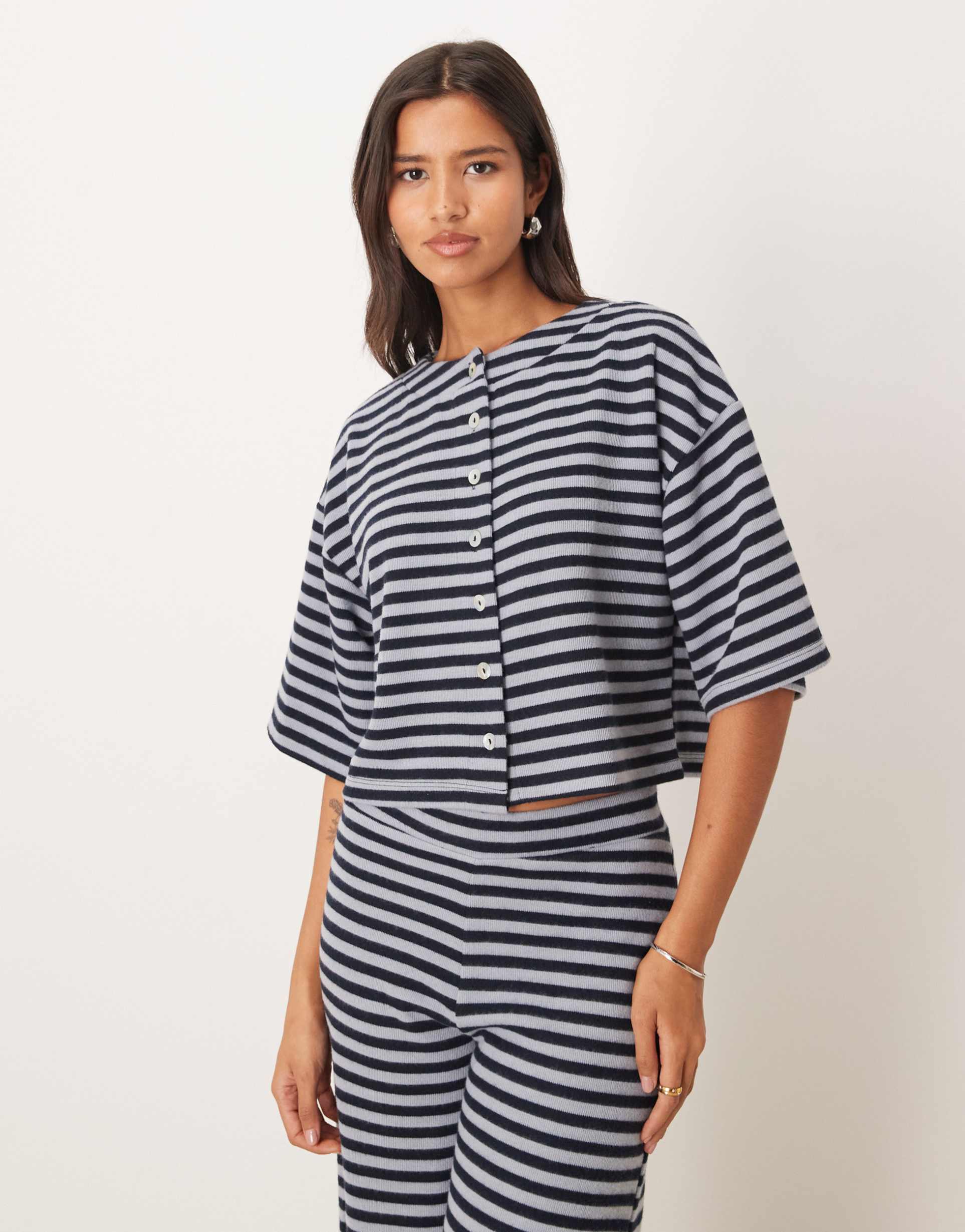 asos design supersoft short sleeve top in navy stripe - part of a set