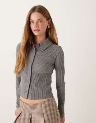 Asos Design Supersoft Shrunken Brushed Ribbed Collar Cardigan In Gray
