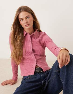 Asos Design Supersoft Shrunken Bushed Ribbed Collar Cardigan In Pink