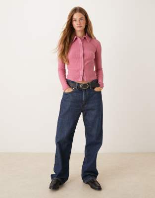 Asos Design Supersoft Shrunken Bushed Ribbed Collar Cardigan In Pink