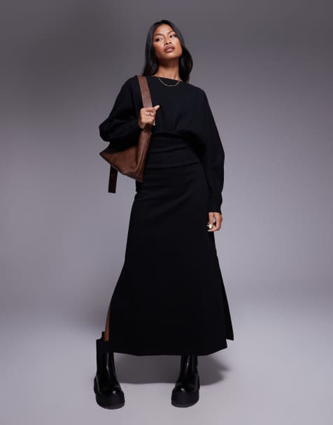 ASOS DESIGN supersoft slash neck blouson batwing midi dress in black - view 1