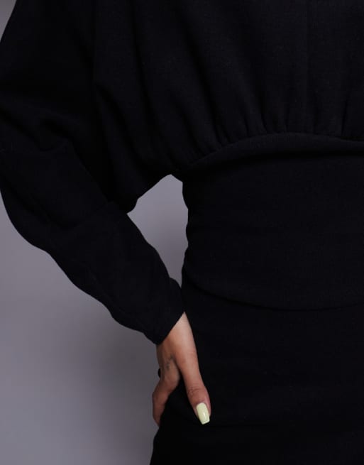 ASOS DESIGN supersoft slash neck blouson batwing midi dress in black, 3 of 4