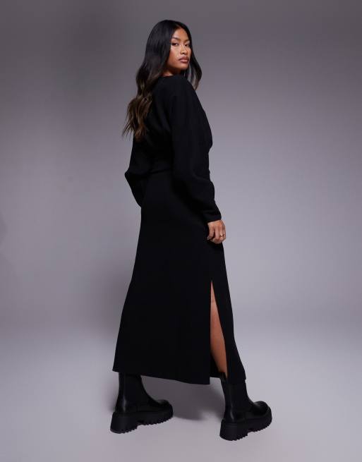ASOS DESIGN supersoft slash neck blouson batwing midi dress in black, 4 of 4