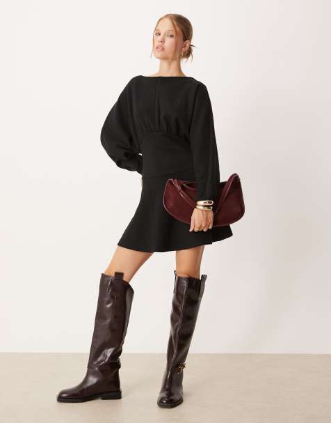 ASOS DESIGN supersoft slash neck blouson batwing mini dress in black - view 1