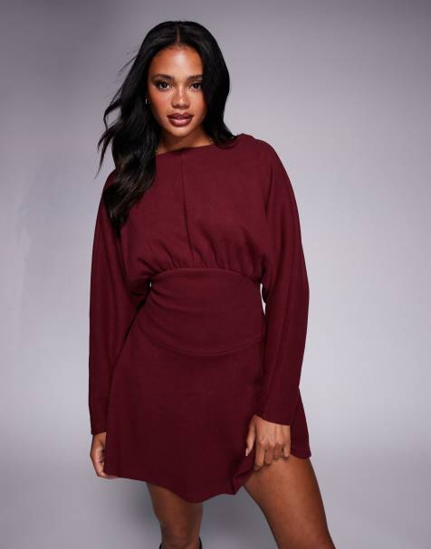 ASOS DESIGN supersoft slash neck blouson batwing mini dress in burgundy - view 1