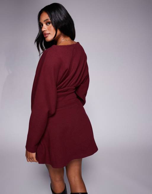 ASOS DESIGN supersoft slash neck blouson batwing mini dress in burgundy