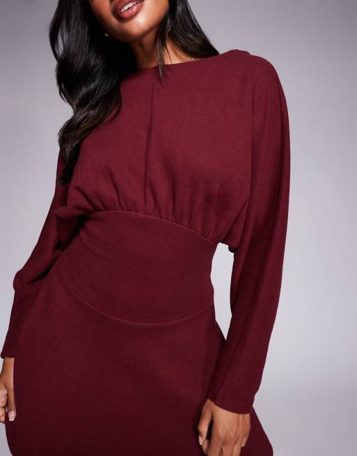 ASOS DESIGN supersoft slash neck blouson batwing mini dress in burgundy