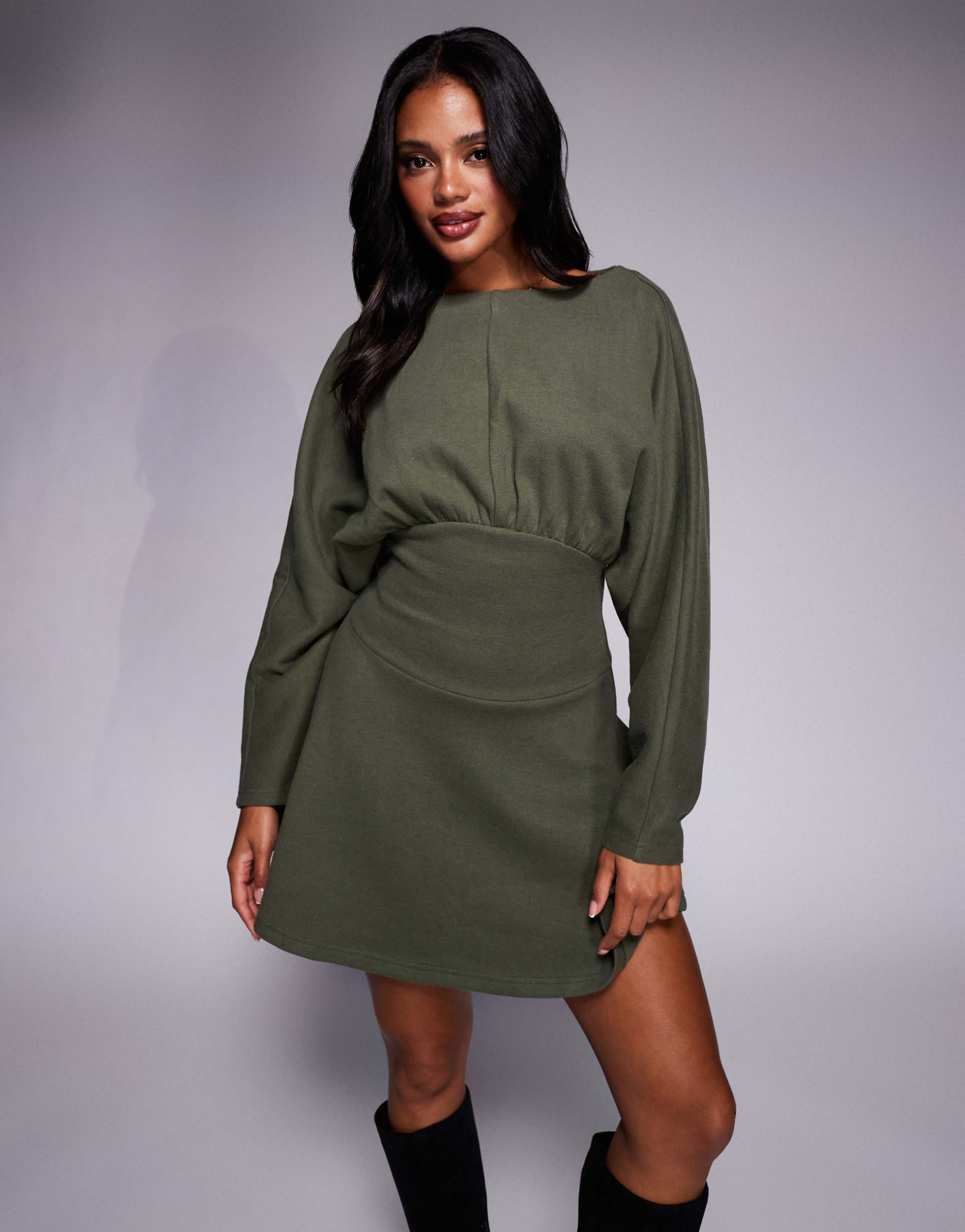 asos design supersoft slash neck blouson batwing mini dress in khaki green