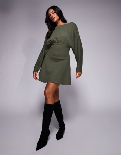 ASOS DESIGN supersoft slash neck blouson batwing mini dress in khaki green, 2 of 4