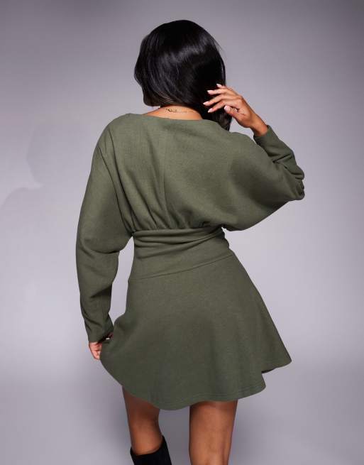 ASOS DESIGN supersoft slash neck blouson batwing mini dress in khaki green, 3 of 4