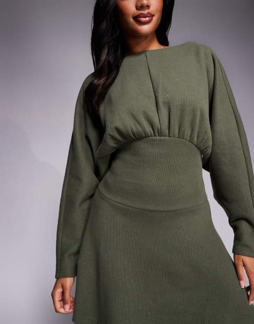 ASOS DESIGN supersoft slash neck blouson batwing mini dress in khaki green, 4 of 4