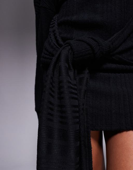 ASOS DESIGN supersoft slash neck long sleeve mini dress with tie waist in black