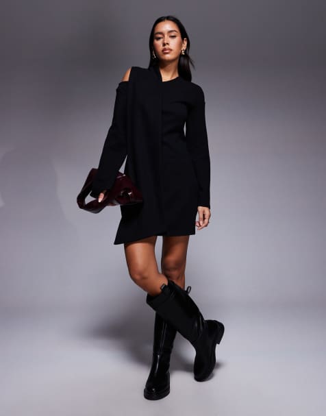 ASOS DESIGN supersoft slash neck scarf detail mini dress in black - view 1