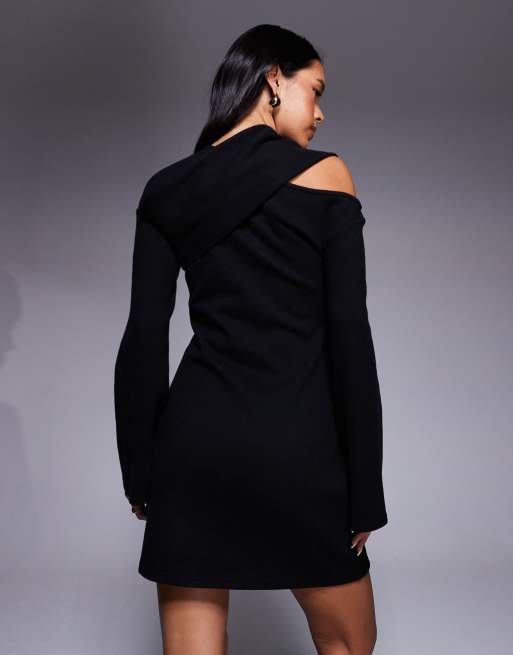 ASOS DESIGN supersoft slash neck scarf detail mini dress in black, 2 of 4