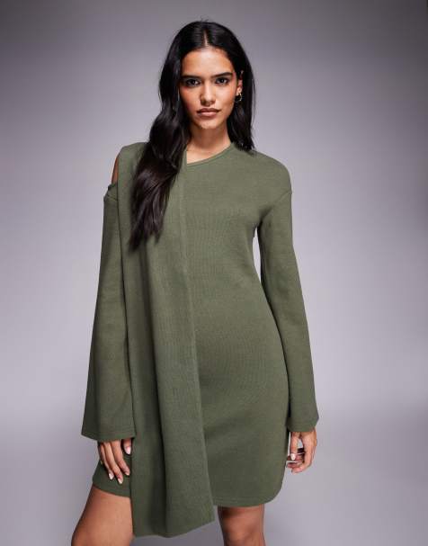 ASOS DESIGN supersoft slash neck scarf detail mini dress in khaki green - view 1