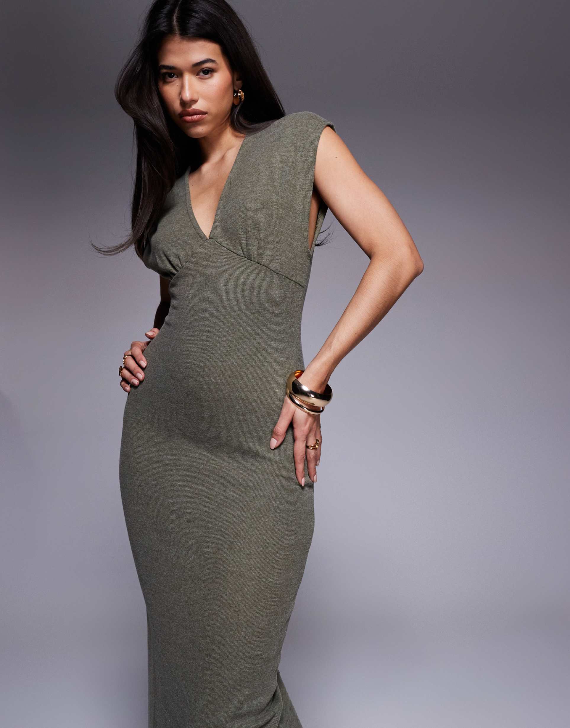 asos design supersoft sleeveless v-neck midi dress in khaki