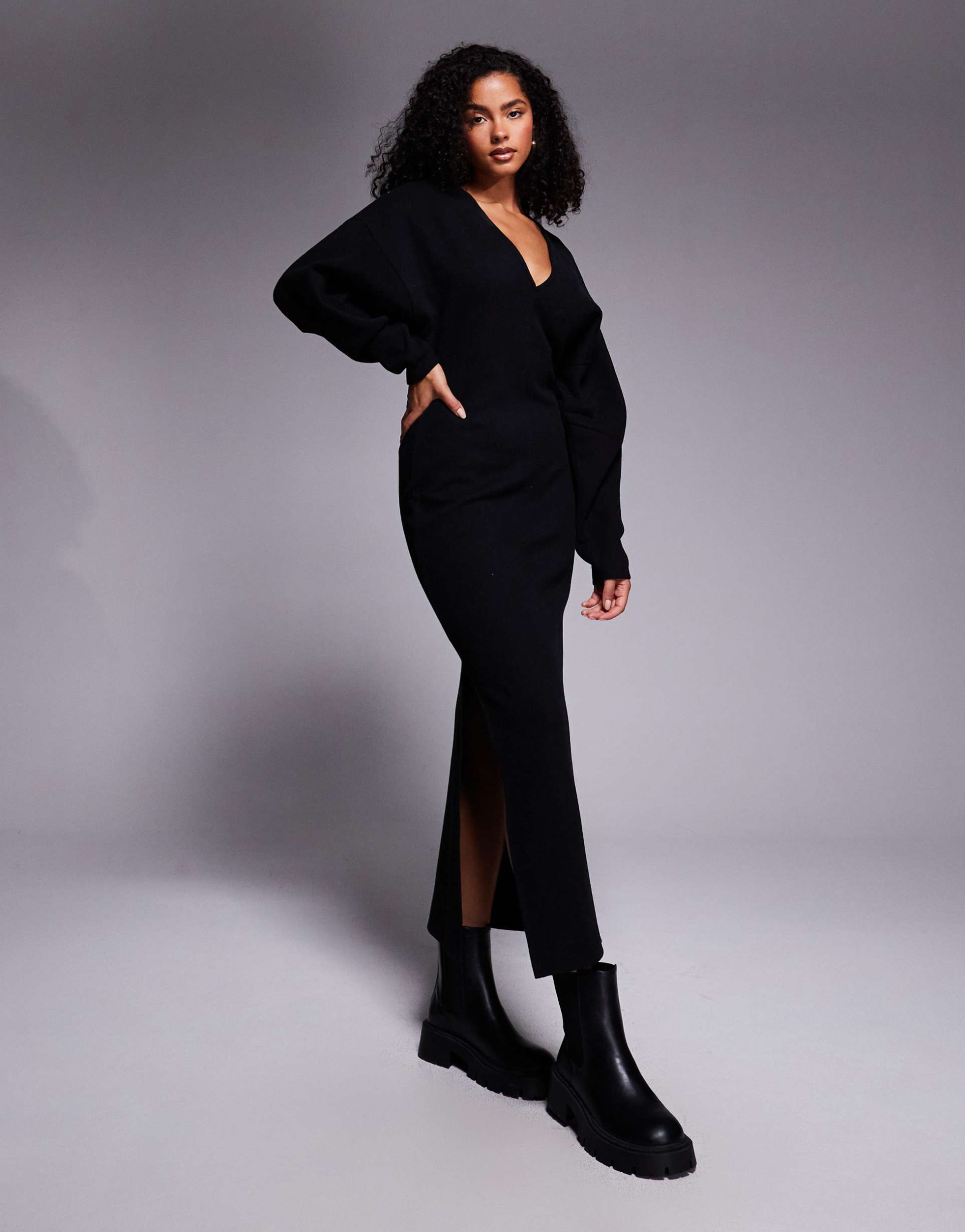 asos design supersoft slouchy v neck maxi dress in black