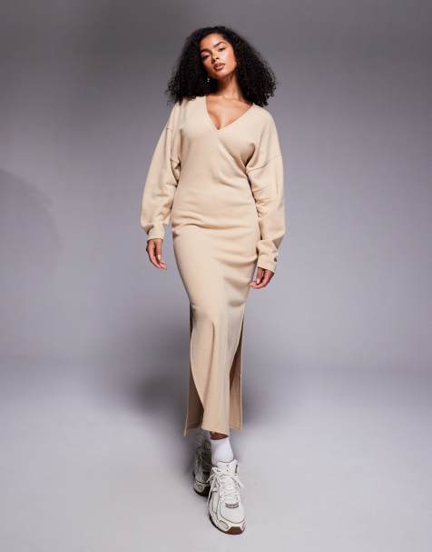 ASOS DESIGN supersoft slouchy v neck maxi dress in stone - view 1