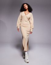 Kaiia volume sleeve plunge neck button detail maxi dress in black